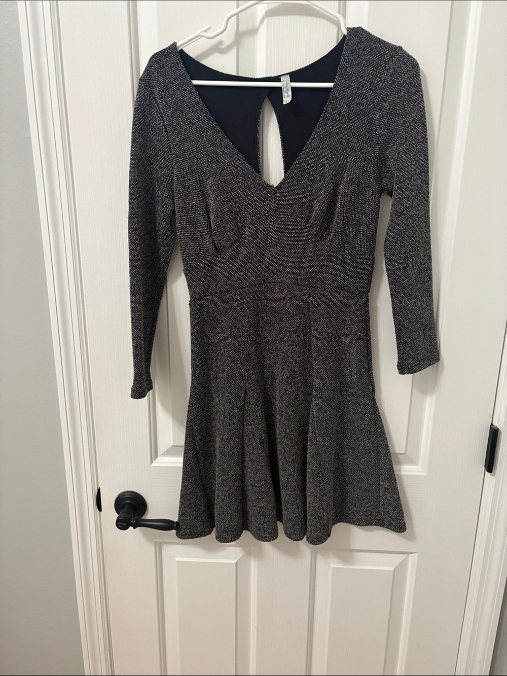 Free People Black and Gray V‑Neck Long Sleeve Skater Dress